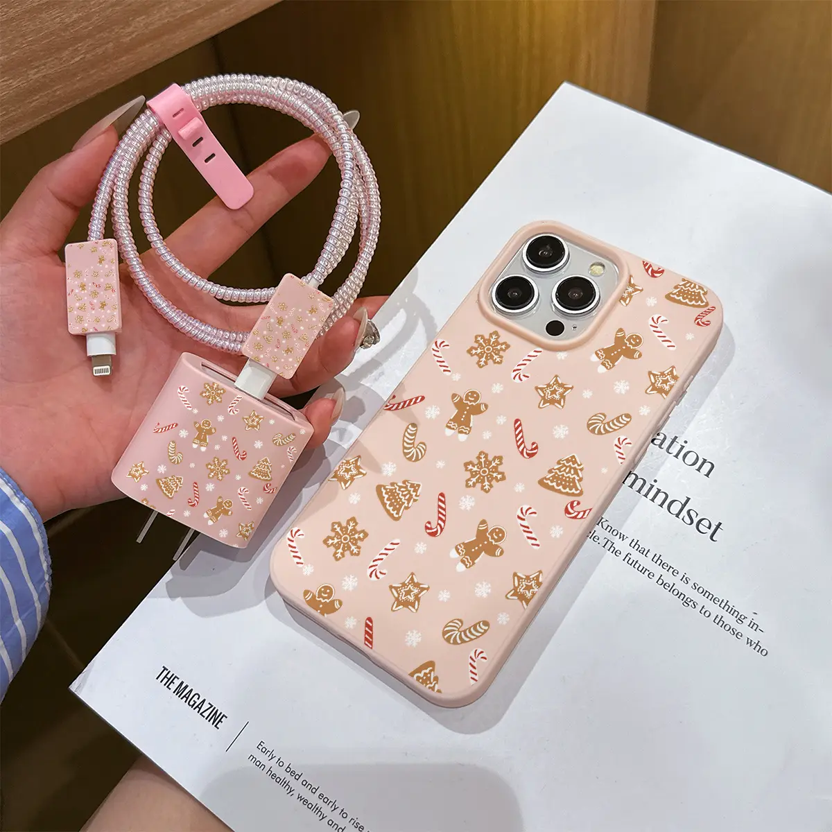 6-Piece Liquid Large Hole Powder Set, Christmas Gingerbread Man & Magic Wand Phone Case + Charger Protector + Cable Protection