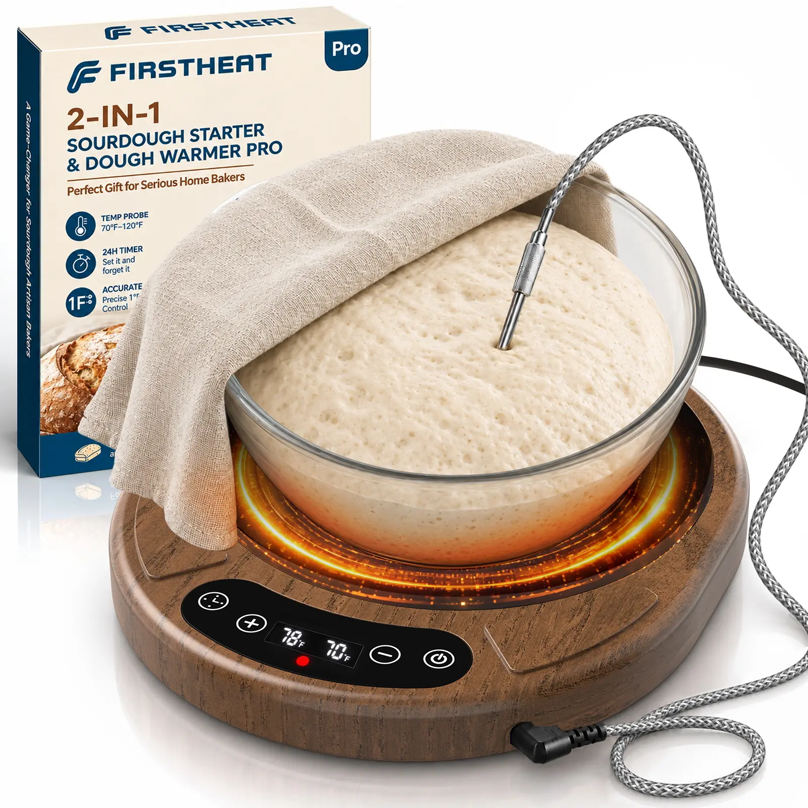 FIRSTHEAT Pro 2-in-1 Sourdough Starter and Dough Warmer Plate with Temperature Probe, 1°F Precision Temperature Control, 70–120°F Adjustable Heating, 24H Digital Timer for Thanksgiving and Christmas Baking, Ideal for Beginner Bakers