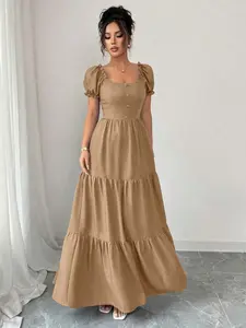 Elenzga Elenzga Women's Elegant Long Dress With Unique Collar, Multi-Layer Patchwork, Ruffle Trim, Slimming Design/Draped/Tiered Layer/Holiday Outfits /Bohemian/Romantic-Floral/Vacation Casual