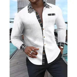 [Plaid Metal Button Shirt] Textured Waffle Fabric Men's Plaid Shirt - Long-Sleeved Outdoor Casual - Metal Design Button