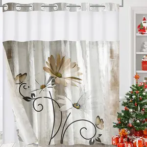 Elegant floral hookless shower curtain with snap-on lining, modern hotel shower curtain and lining set, sheer shower curtain with window, double-layered, washable
