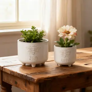 BE KIND Footed Ceramic Planters 4.5" & 3.5" Set of 2 Matte White High-Quality Indoor Decor