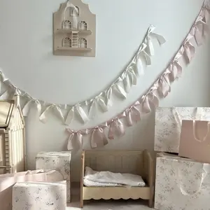 Handmade Bow Ribbon Garland Banner, Wall Hanging Flower Ring Pull Flag, Perfect for Room Decor, Birthday Party, Anniversary, Wedding
