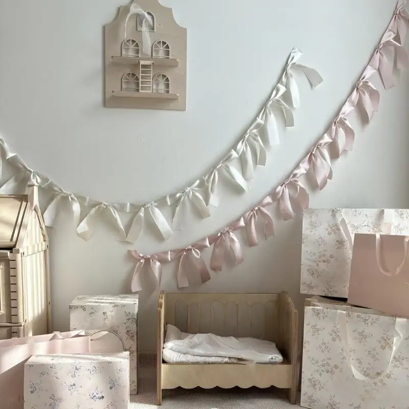 Handmade Bow Ribbon Garland Banner, Wall Hanging Flower Ring Pull Flag, Perfect for Room Decor, Birthday Party, Anniversary, Wedding
