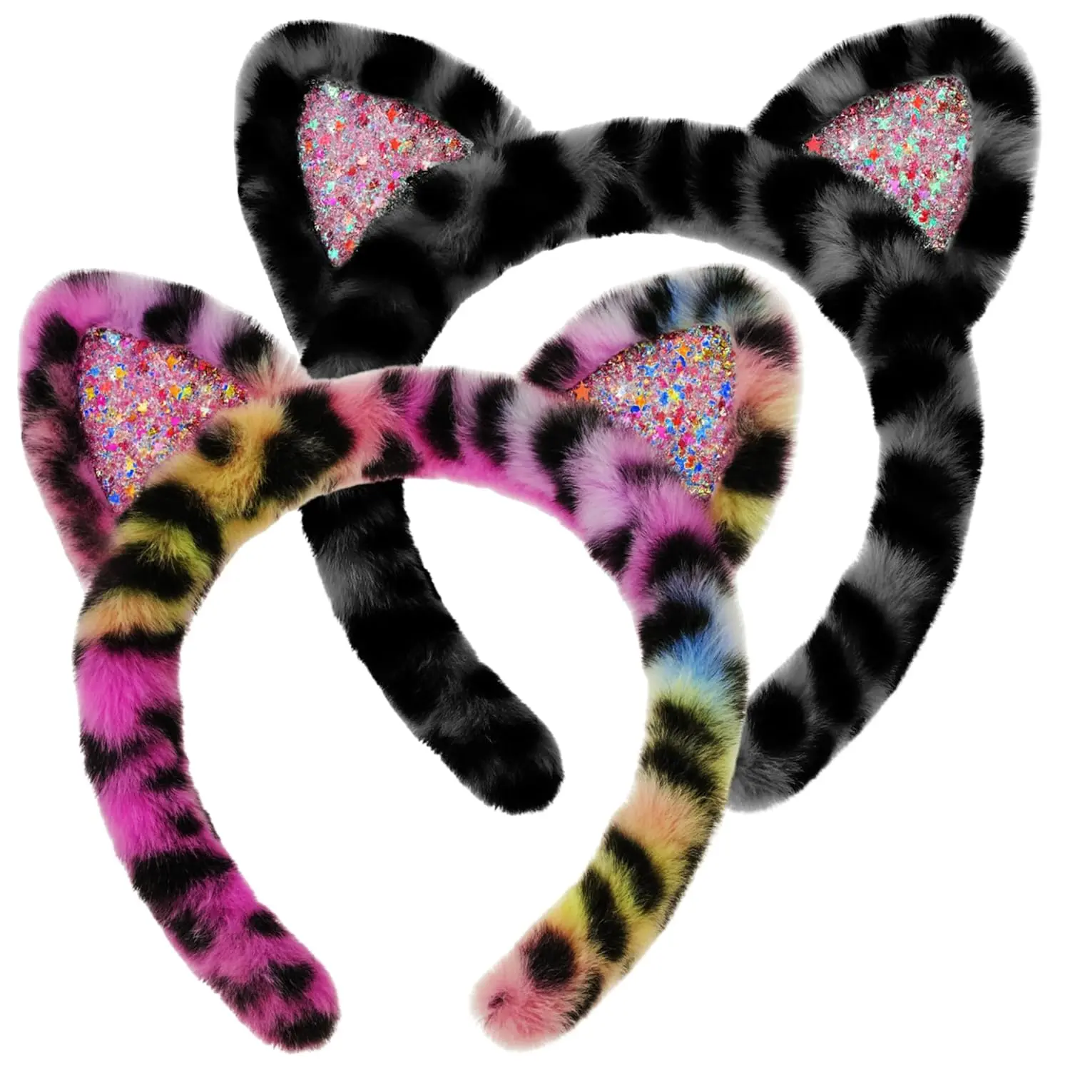 Cat Ears Headband for Women, 2-Pack Multiple Leopard White Black Cat Ears, Halloween Cat Ears Fuzzy Cat Ears Plush Cat Ears Hair Band Cat Ear Headbands (Colorful Quicksand, U)