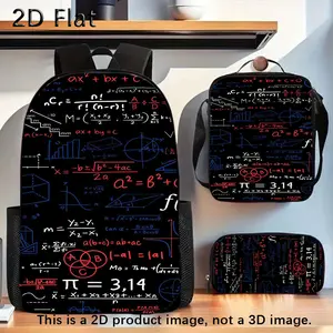 Durable and waterproof three-piece backpack with black math formulas and equations, lightweight school bag, includes lunchbox and pencil case, 600D Oxford cloth, breathable and thickened shoulder straps and mesh back panel, large capacity.