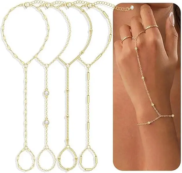 4 Pcs Gold Hand Chain Bracelets for Women, Dainty 14K Gold Plated Ring Bracelet Hand Chain, Stackable Beaded Cubic Zirconia Bracelet Stack Jewelry Gifts - Home Improvement.