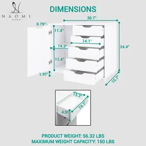 Naomi Home Amy 5 Drawer Chest, Wood Storage Dresser Cabinet with Wheels, Craft Storage Organization, Makeup Drawer Unit for Closet, Bedroom, Office File Cabinet 180 lbs Total Capacity - White