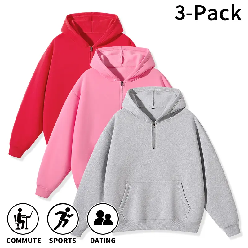 Travel-style men’s half-zip hoodies available in packs of three or single pieces. They feature a loose fit, lightweight wrinkle-resistant fabric, ideal for road trips, vacations, airport travel, and everyday wear.