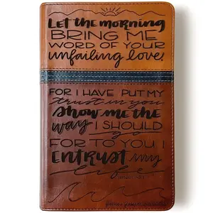 Personalized NIV Study Bible - Brown with Blue Strip - Bring Me Word of Your Unfailing Love - Hand Lettered and Engraved