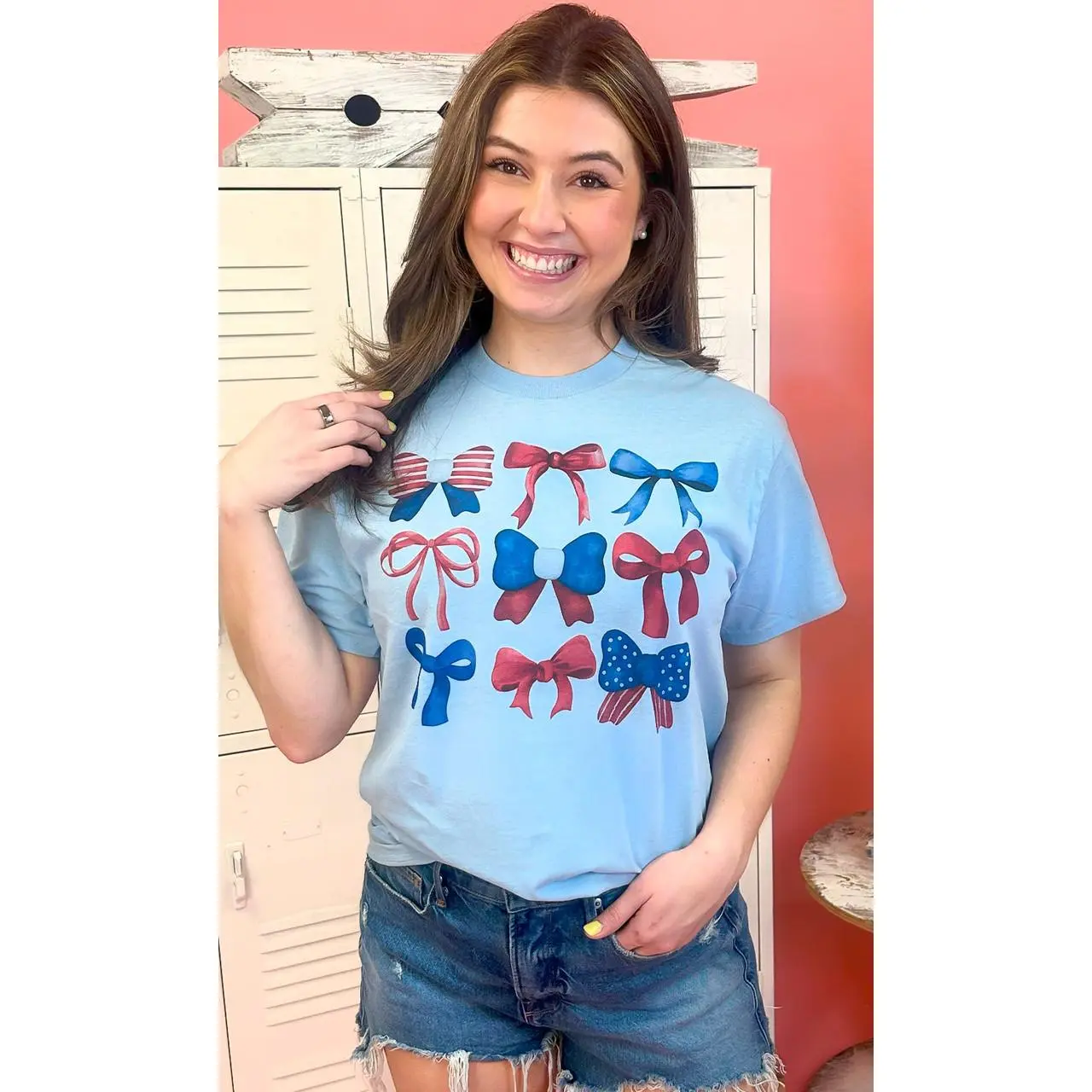Tees2urdoor Women's Americana Bows Graphic T-Shirt, 100% Cotton Patriotic Round Neck Basic Tee for Independence Day, Tshirt