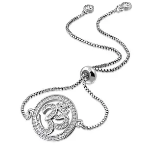Stainless Steel Clear CZ Om Aum Adjustable Chain Bracelet, 9"