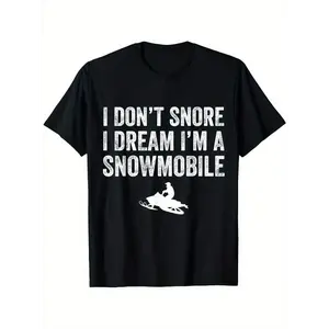Funny Snowmobile Lover T-Shirt for Men - "I Don't Snore I Dream I'm a Snowmobile" Graphic Tee - Heavyweight 180gsm Cotton Shirt - Machine Washable Black Crewneck Top for Winter Sports Fans & Gifts, Casual Wear