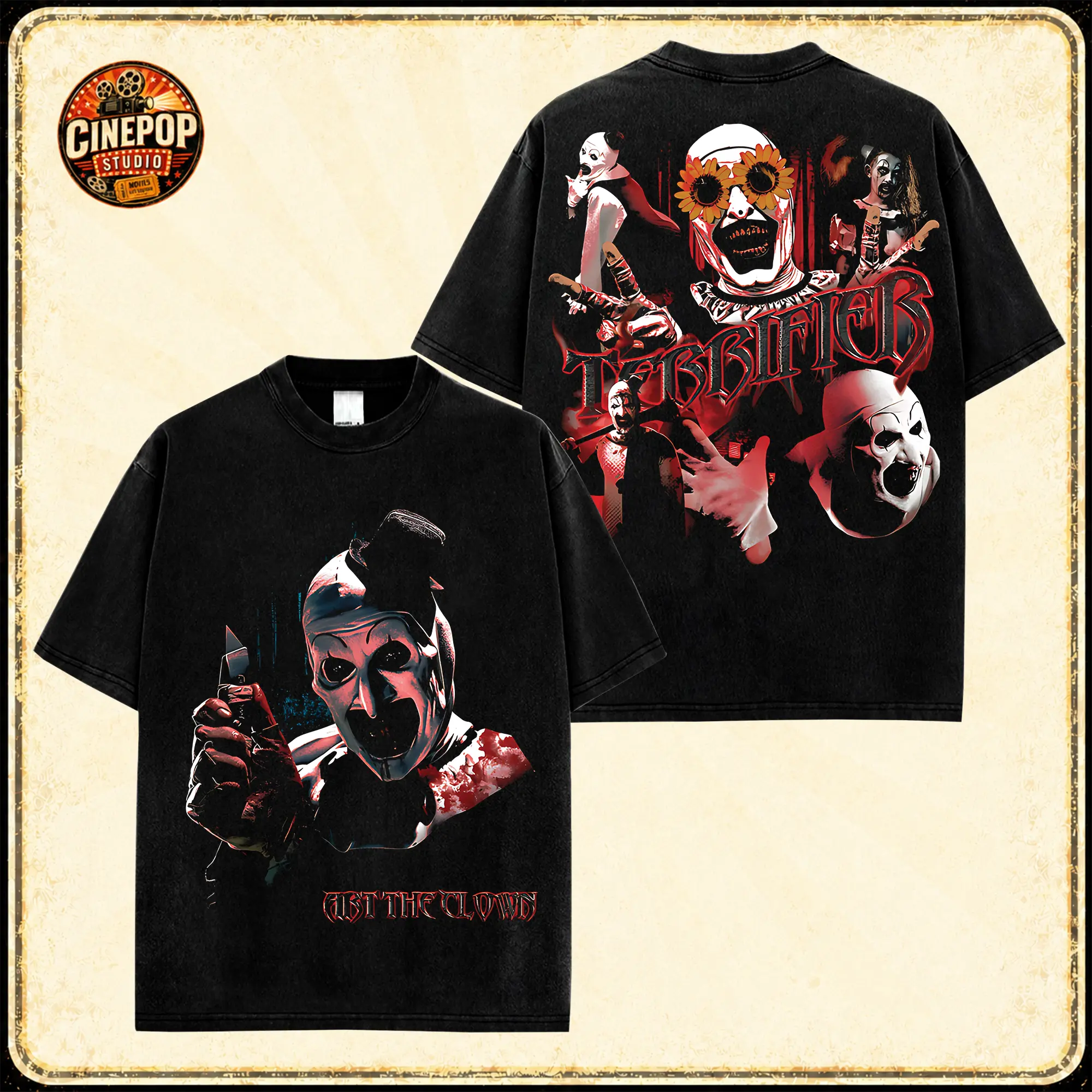 Terrifier Art the Clown Scary Movie Tee, Vintage Horror Graphic Shirt, Creepy Slasher Cinema T-Shirt, Made in USA, 100% Cotton, Bloody Halloween Fan Gift for Adults and Horror Collectors