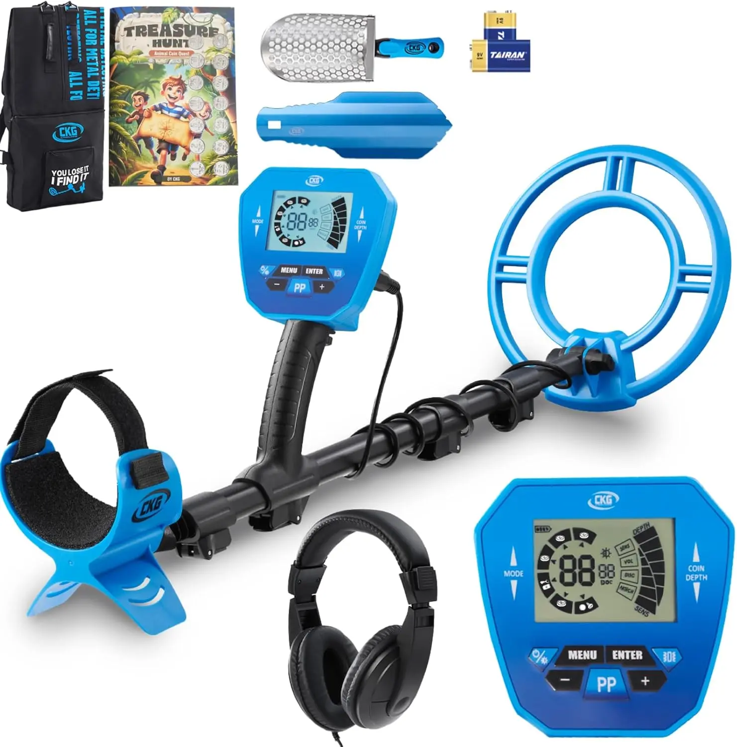 CKG Metal Detector for Adults Starter Kit for Treasure Hunting, High Accuracy with 10" Waterproof Coil, LCD Display, 4 Modes, for All Family Coin Game, Headphones, Sifting Shovel, Bag,Trowel, Blue