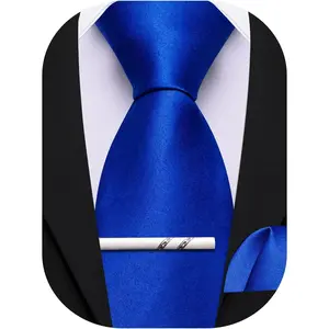 Barry.Wang Men's Solid Color Extra Long Tie and Pocket Square Tie Clip Set Gift Box Satin Formal Necktie Wedding Gift