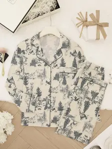 Women's All Over Forest Print Pajama Two-piece Set, Womenswear Casual Comfy Long Sleeve Button Up Top & Pants PJ Set, Ladies Sleepwear & Loungewear for All Seasons