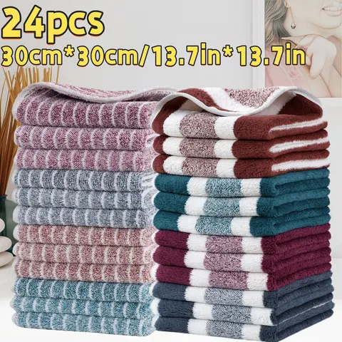 24pcs Microfiber Square Towel Set, Absorbent Soft Coral Fleece, Wide Striped Pattern, 30cmx30cm, Wash Cloths, Small Hanging Hand Towels