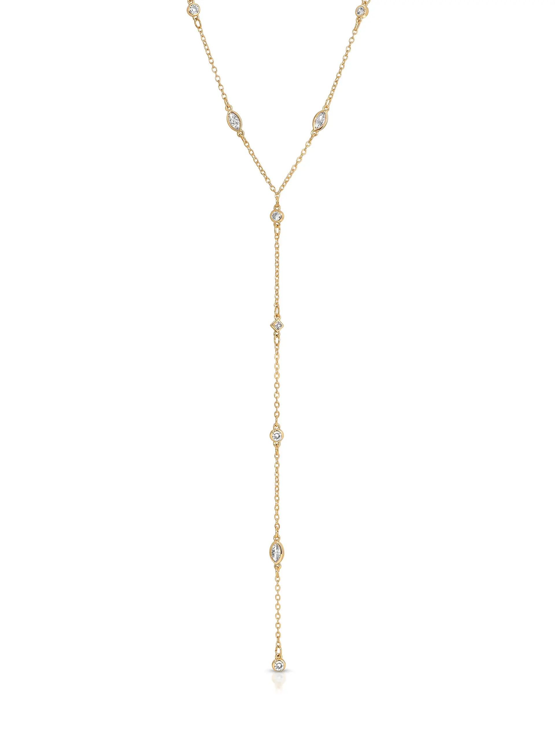 Crystal Lariat Necklace – 18K Gold Plated Y Necklace with Cubic Zirconia | Minimalist Drop Necklace for Women