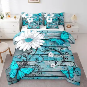 Feelyou 7-Piece Butterfly Comforter Set - Rustic Floral Bed-in-a-Bag Bedding with Sheets, White Chic Retro Vintage Romantic Room Decor