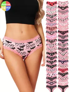 10PCS Random Floral Panties Blind Box! Floral Print Panty Fashion All-Over Print Lace Trim Low Rise Underwear, Fashion Breathable Underwear