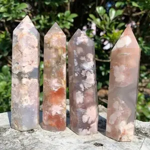 Natural Cherry Blossom Agate Tower Point Polished Obelisk Meditation Healing Crystal Home Decoration Ornament Mineral Specimens