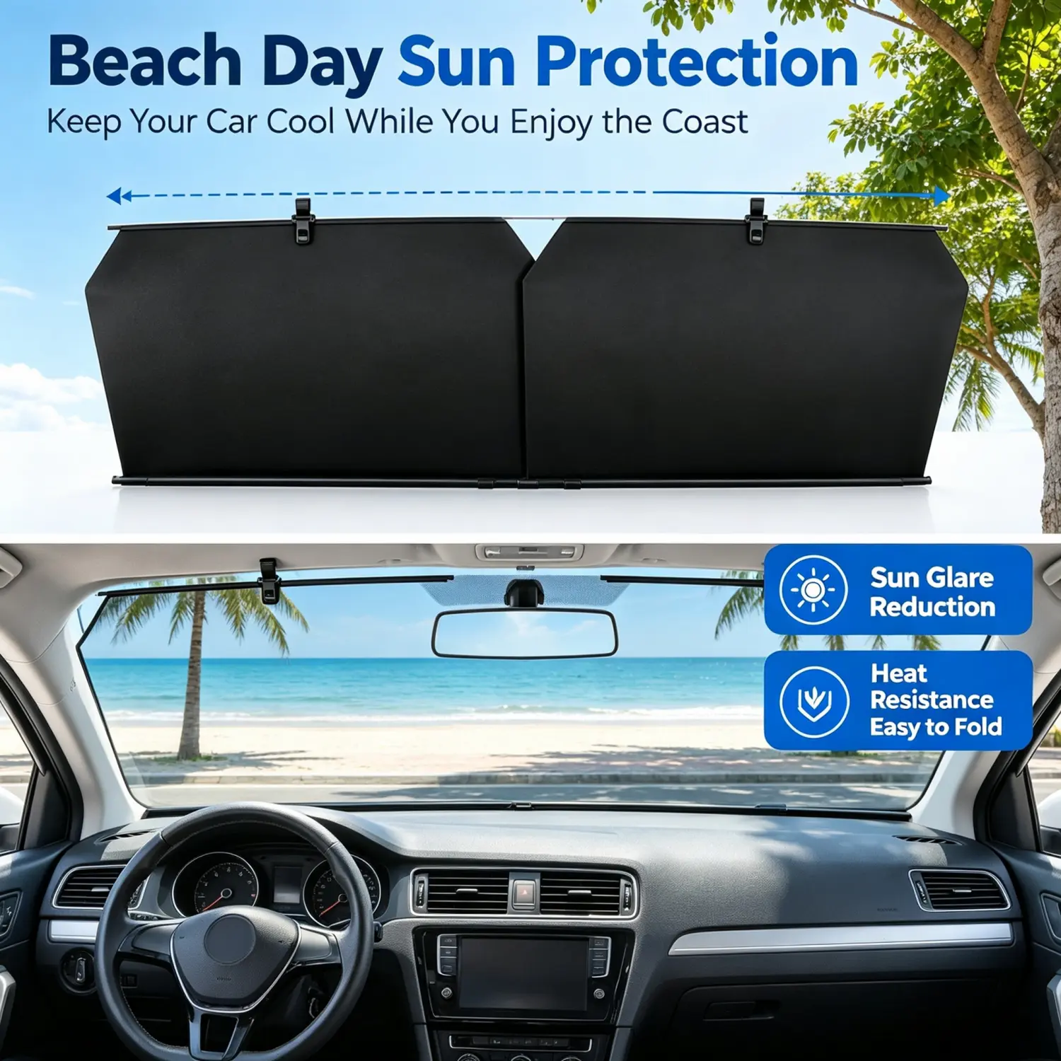 2-Piece Adjustable Folding Car Windshield Sunshade with 4 Suction Cups, Nylon Fabric, UV & Heat Block for Sedans, Household Windows