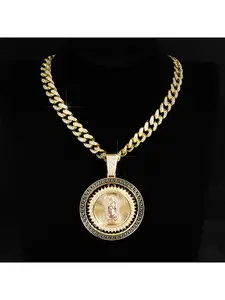 Personalized Drip Oil Rotatable Virgin Mary Religious Pendant Full Diamond Cuban Link Chain Necklace