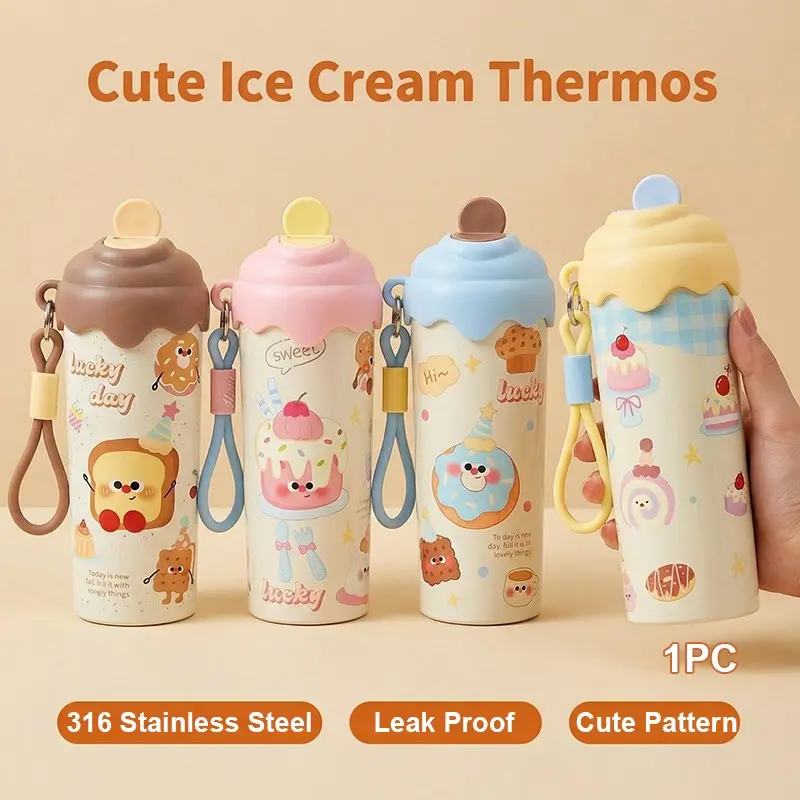 Cute Ice Cream Thermos Portable Vacuum Flasks 316 Stainless Steel Leak Proof Water Bottle (with Handle & Straw) Kawaii Cartoon Insulated Cup Gift for Girls Kids Women Leakproof Insulated[Multiple Colors Available]