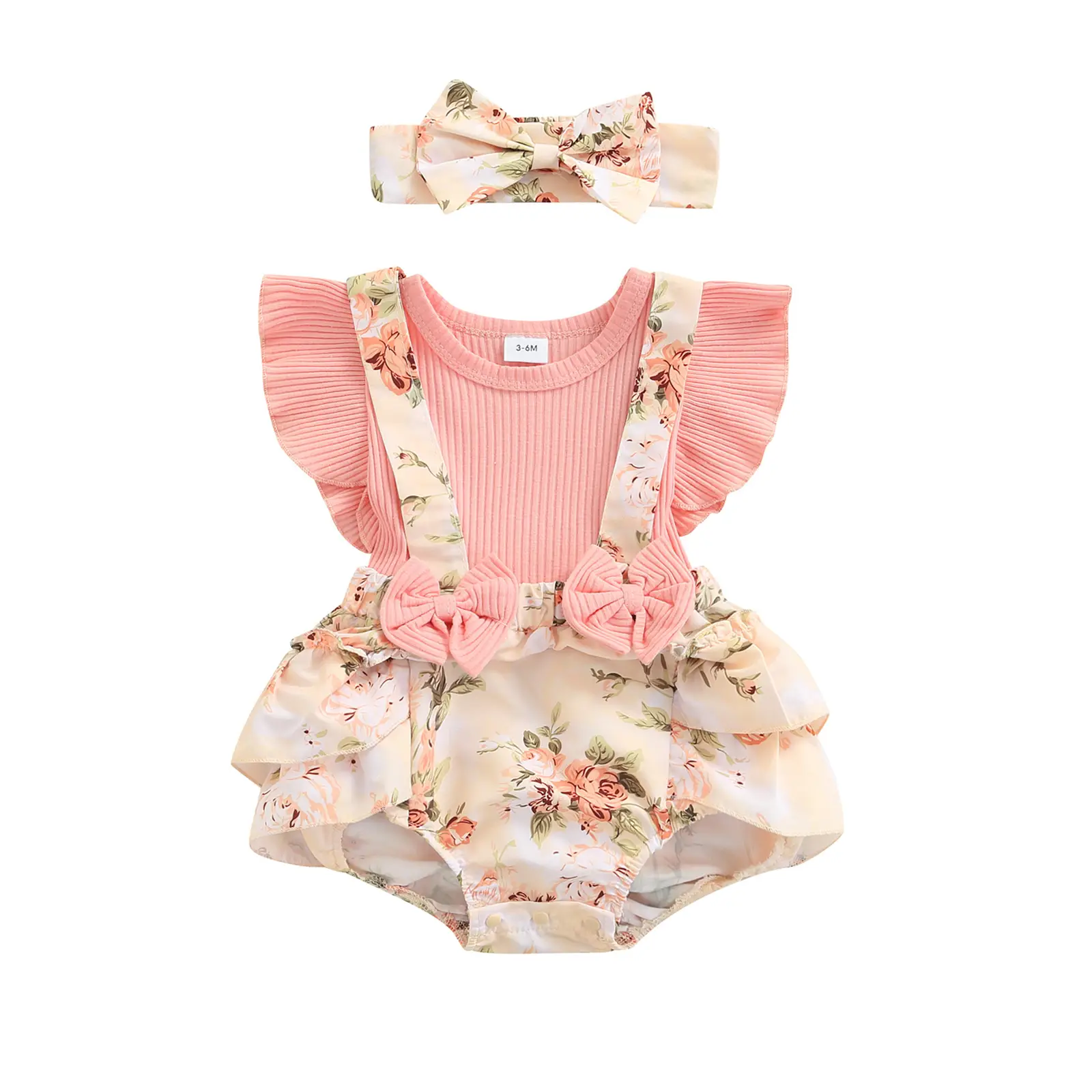 Newborn Baby Girls Outfit Infant Summer Fly Sleeve Floral Bow Romper +Headband 2pcs /Set