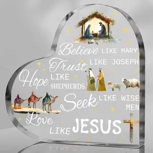 Nativity Scene Three Wise Men Heart Shaped Crystal Acrylic Plaque Decor Religious Tabletop Decoration, Christian Gift for Mom Sisters Friends, for Christmas Decoration Easter Decoration Prayer Room Decoration Shelf Decoration Mantel Decoration