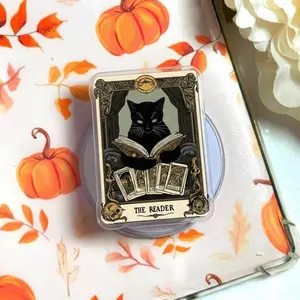 Mystic Black Cat Tarot Reader Magsafe Phone Grip - Magnetic Pop Socket & Kickstand - Gothic Bookish Phone Accessory