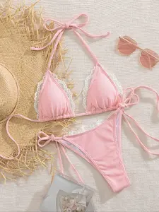 New Soft Padded Solid Lace Trim Thin Strap Tie Back Sexy Bikini Set, Summer Beach Fashion Women's Swimsuit, Sleeveless Plain Design, Tie Back Bikinis