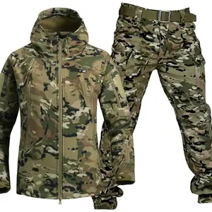 Winter Thicked Men Camo Suit Waterproof Tactical Set Multi-pocket Hooded Jacket Fleece Pants Outdoor 2-piece Athletic Activewear Tracksuits Casual Sportswear