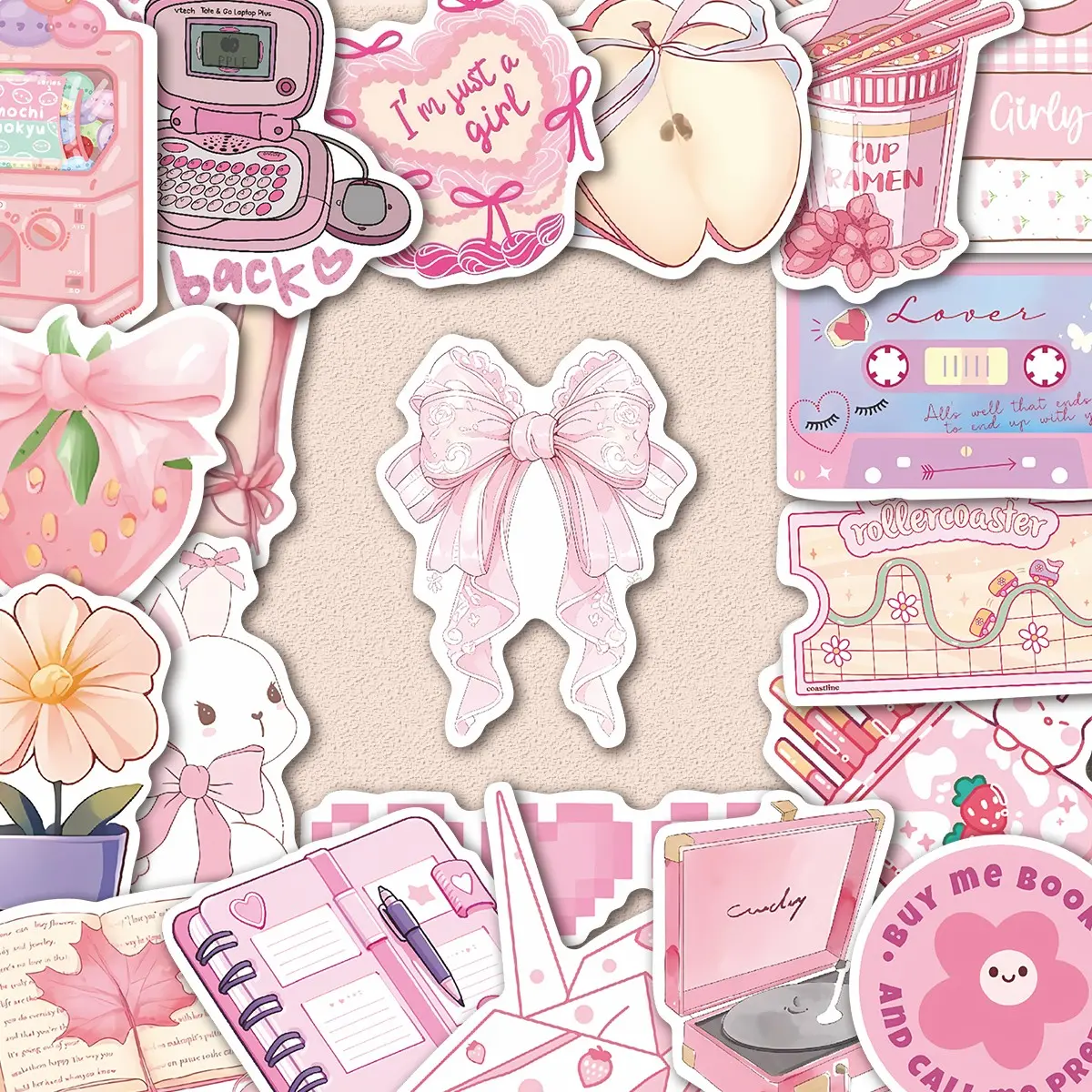 54Pcs Pink Coquette Stickers Pack, Waterproof Kawaii Retro Aesthetic & Sweet Girly Vinyl Decals for Laptop, Water Bottle, Journal & Scrapbook, Girly Gift, Diary Sticker