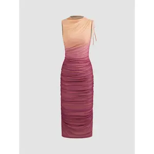 Women's Casual Cider Maxi Dress, 0-10 Size, Mesh Material, Round Neckline, Gradient Design, Ruched Drawstring, Womenswear, Maxi Length