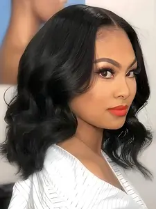 Black Short Body Wave Lace Front Wigs, Gorgeous Fluffy Wigs without Bangs, Synthetic Heat Resistant Fiber Hair Wig with Baby Hair, Glueless Frontal Wig