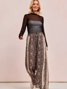 Women's Chic Leopard-Print Track Pants, Soft Essential Bottoms with Adjustable Side Contrast Lace, Twist Detail