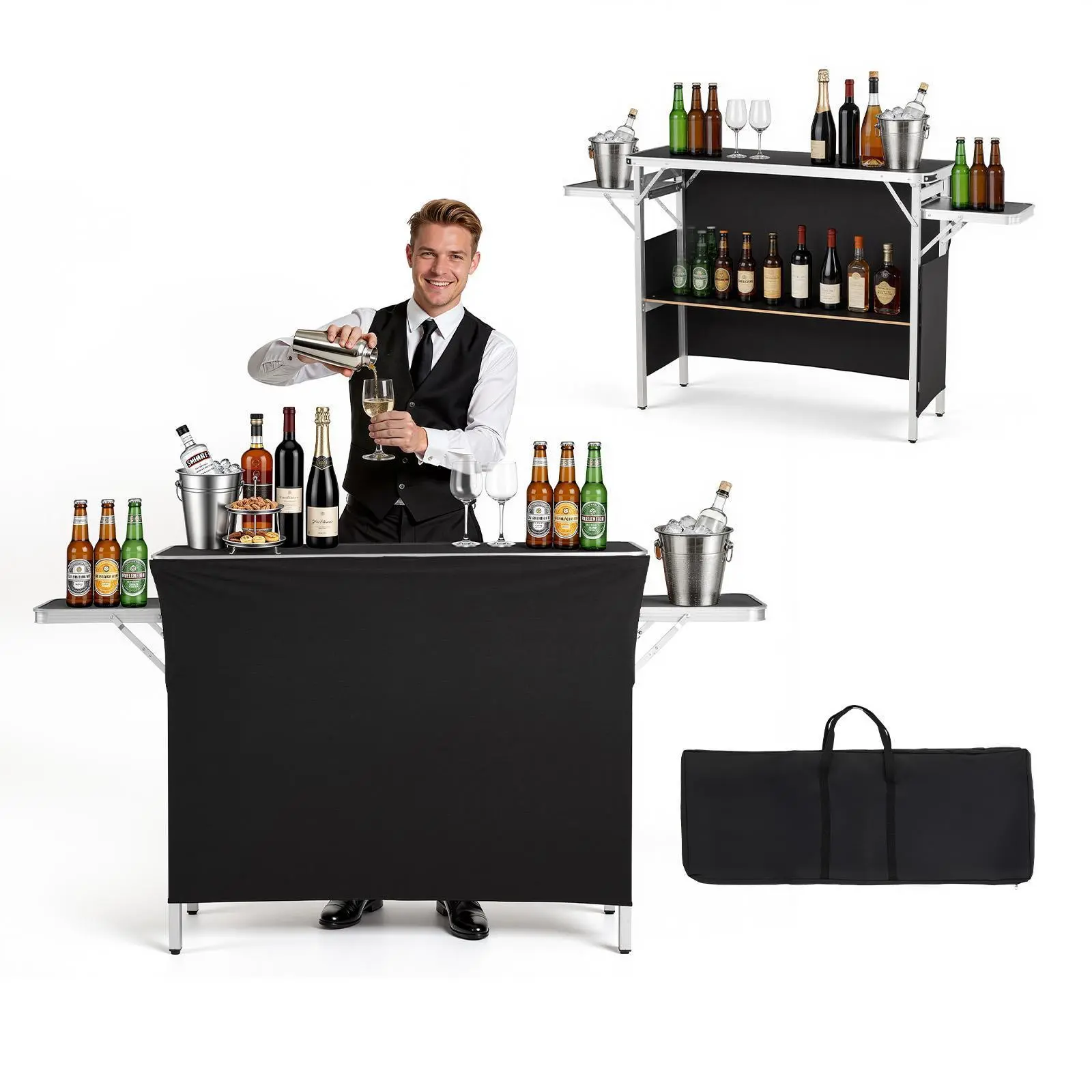VEVOR Folding Portable Bar Table, 43.3x15.4x34.6 in, with Carry Bag, Storage Shelf, Detachable Skirt, Quick Setup, Foldable Mobile Bartending Station for Events, Tradeshow#SohoChic