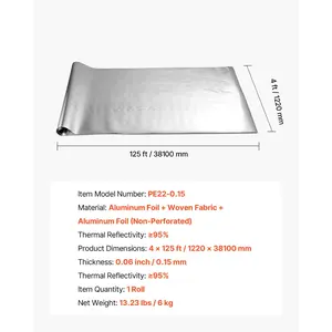 VEVOR Double Reflective Insulation Roll, Non-Perforated Woven Fabric Radiant Barrier, 0.15mm 48 inx 125 ft, Double-Sided Aluminum Foil Heat Reflective Shield, Thermal Insulation Roll for Window Roofs