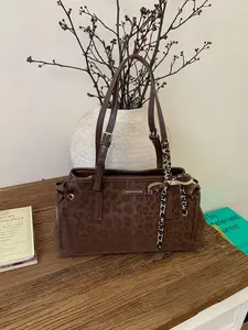 Large Capacity Bow Leopard Print Fashion Bag, Trendy College Student Shoulder Handbag, Vintage Retro Commuter Tote, New Style