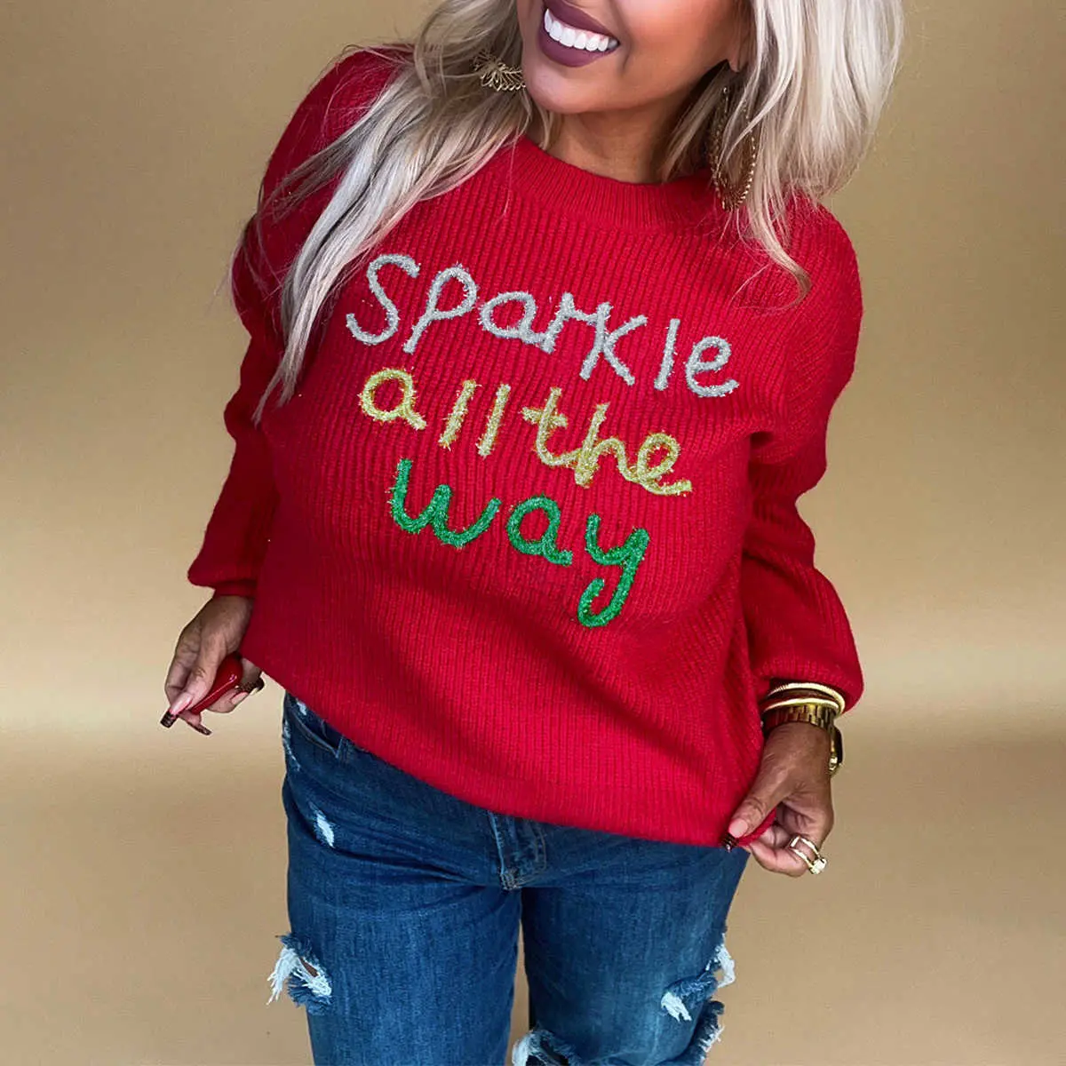 Racing Red Sparkle All The Way Tinsel Crew Neck Plus Size Sweater
