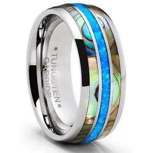 Tungsten Carbide Mens Wedding Band Blue Opal Mother of Pearl Engagement Ring Silvertone
