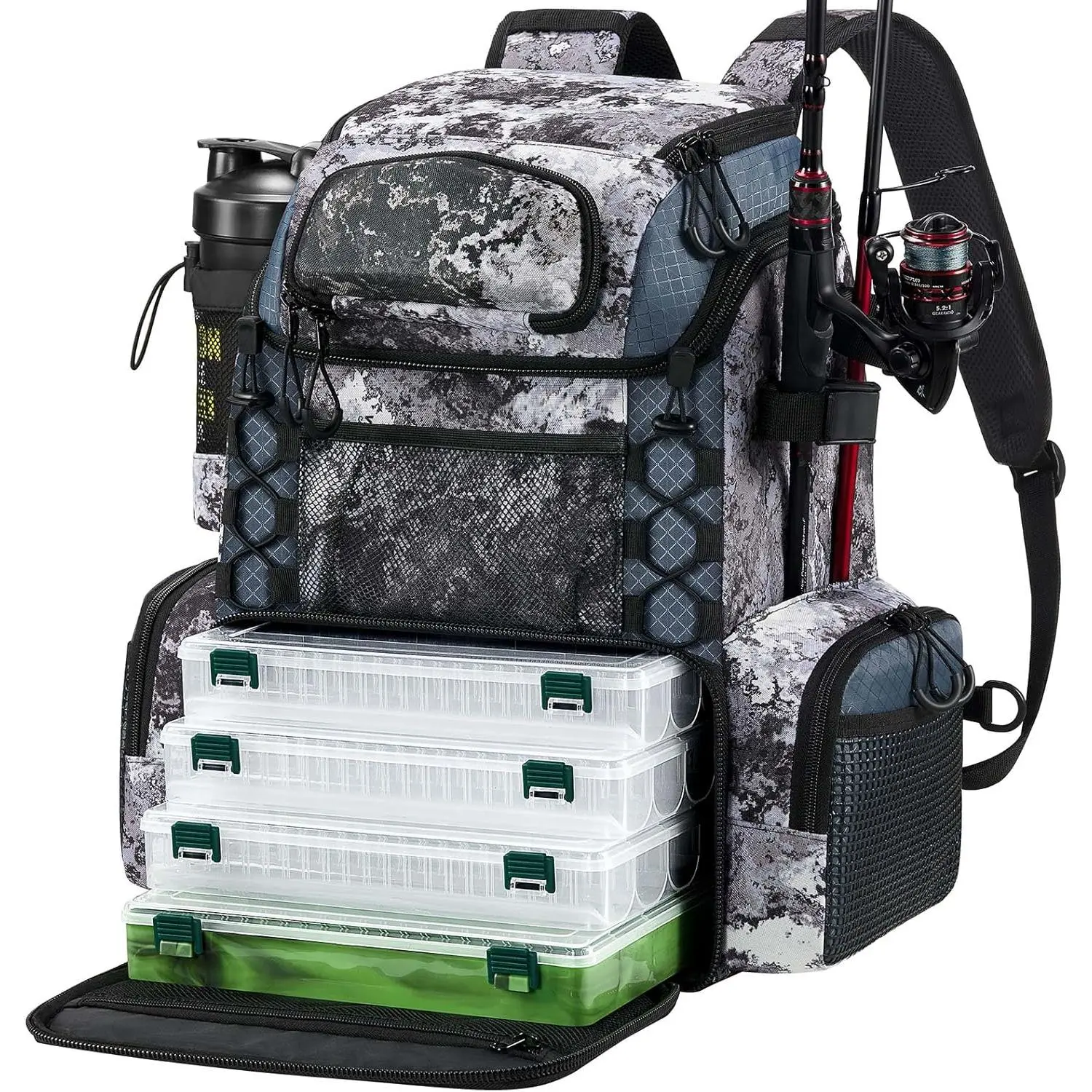 Fishing Tackle Backpack with Rod Holders & 4 Tackle Boxes, Outdoor Fishing Bag with  Rain Cover, Fishing Rod Carrier, Sport Fishing Accessory