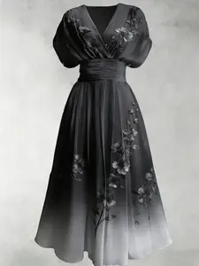 Vintage Floral Print V Neck Bubble Sleeve Waist Cinched Maxi Dress, Elegant Chic Vacation Style Long Dress for Spring Summer