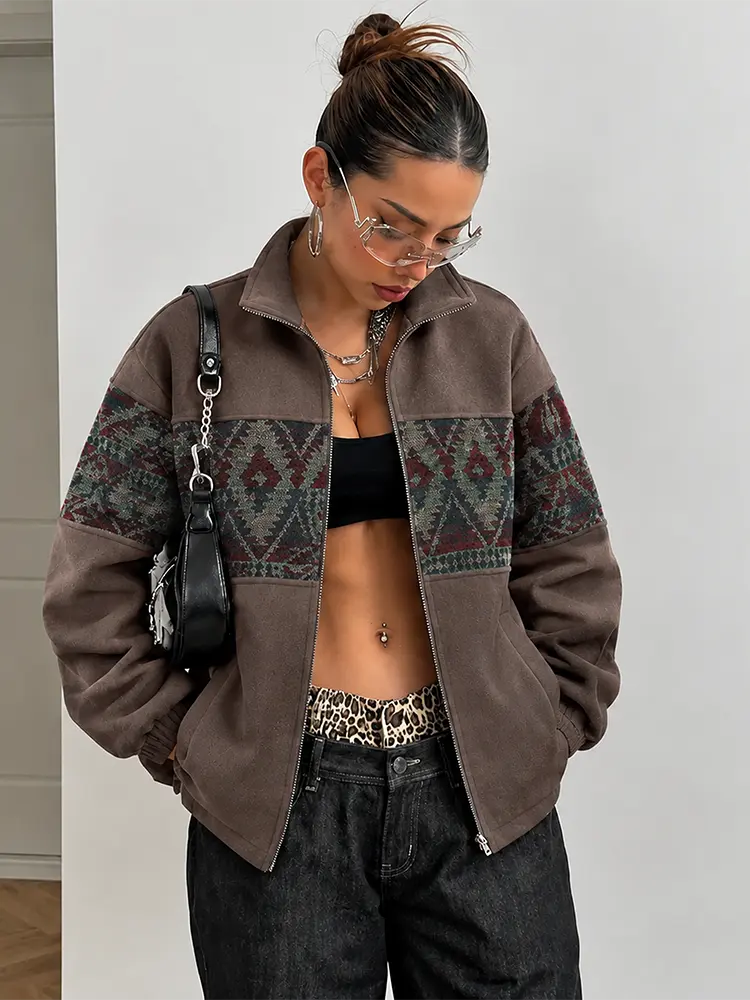 Vintage Aztec Fleece Jacket for Women Brown Stand Collar Full Zip Tribal Navajo Print Panel Oversized Warm Outerwear Retro 90s Outdoor Casual Streetwear Fall Winter Daily Trendy Womens Fashion Coat
