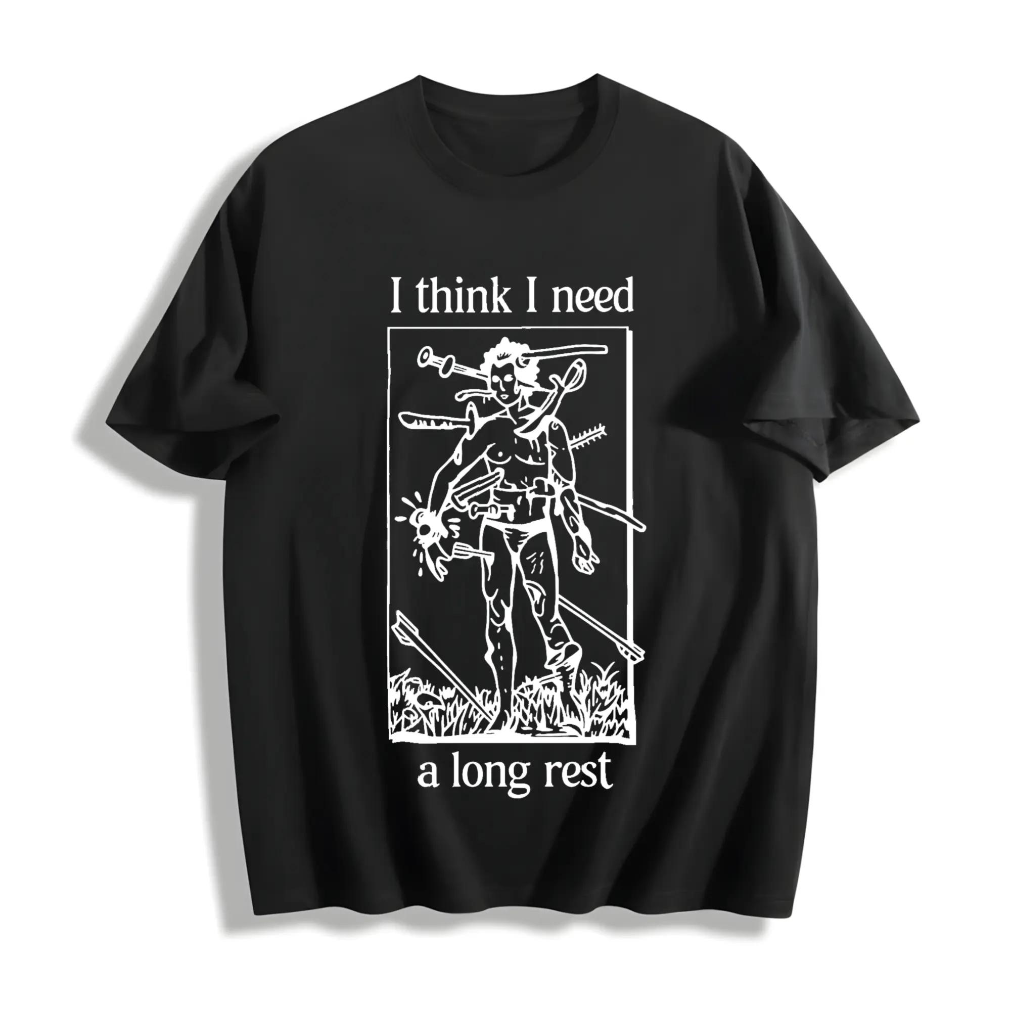 Men's Funny I Need a Long Rest DND Dungeons and Dragons Streetwear Top - Breathable, Casual, Matching Meme Medieval Graphic T-Shirt