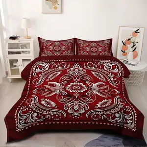 [Comforter Set] 2/3pcs Ornate Paisley Pattern Comforter Set, Deep Red & Gray Traditional Floral Bedding Set, Soft Quilt, Elegant Bedroom Decor, Suitable for People Of All Ages. 1 or 2 Pillowcase No Pillow Core