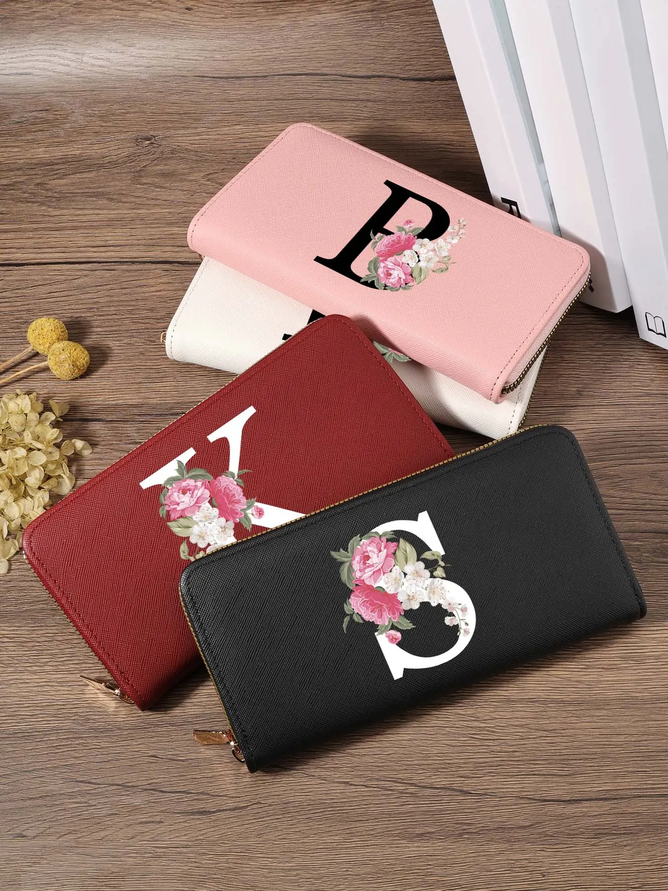 Casual Initial Floral Long Zipper Wallet, Comfortable Large Capacity Monogram Clutch Bag Multi-Slot Portable Card Holder for Women Daily Outings & Travel