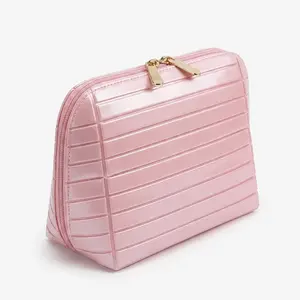 Diamond-shaped Travel Makeup Bag with 27 Pockets & 3 Brush Holders Large Capacity Organized for Travelers & Daily Use Aesthetic Striped 3D Design